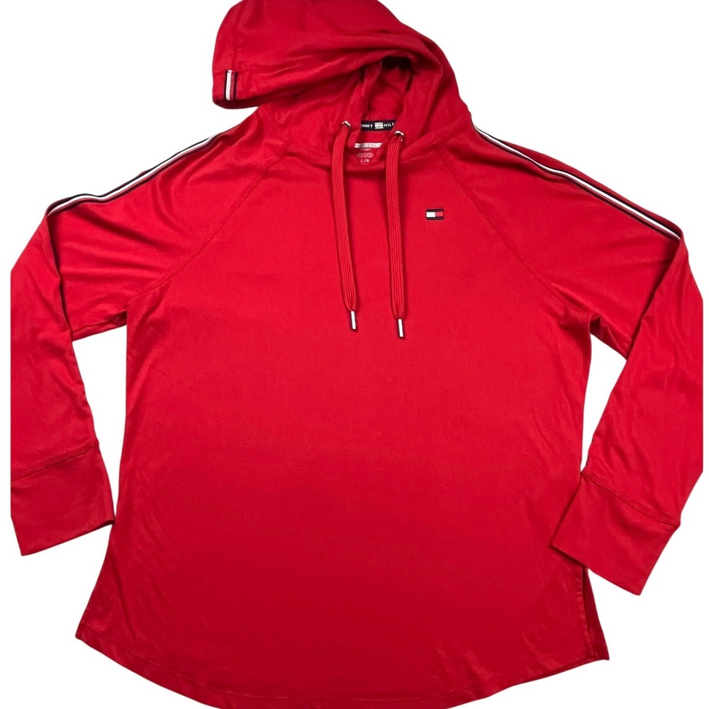 Tommy Hilfiger Sport Womens Red Striped Raglan Long Sleeve Hoodie L